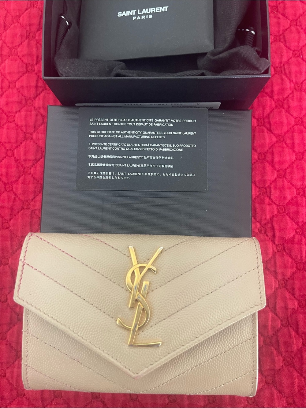 Saint Laurent Beige Chevron Quilted Leather Wallet with Gold YSL
